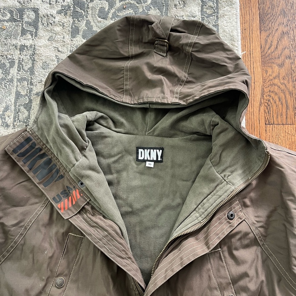 DKNY Woman’s Olive and Brown Hooded Raincoat